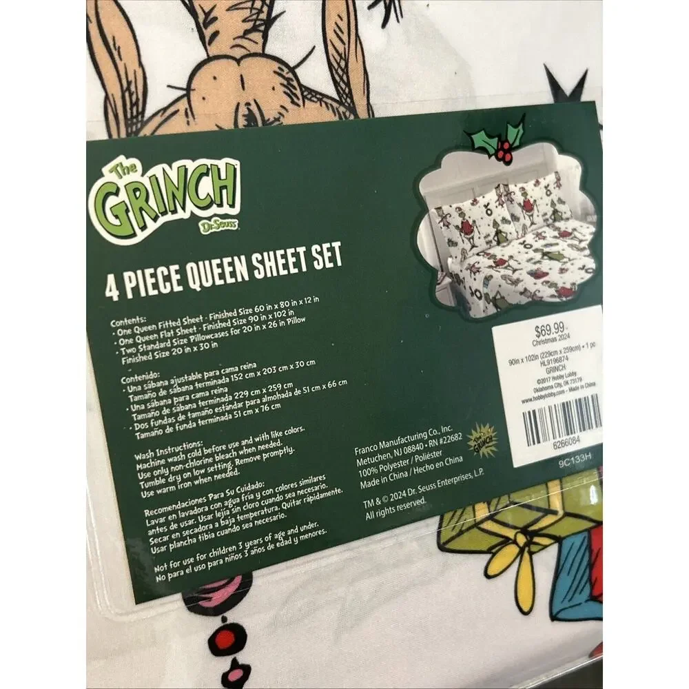NEW Dr Seuss Grinch Queen Christmas Holiday Sheet Set 4 Piece Flat Fitted